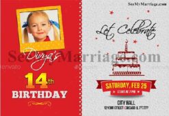 1st Annual - A Red And Grey Theme Birthday Invite Card With Cake, Stars, Photo Frame