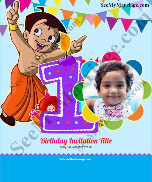 Chota Bheem 1st Birthday Invite In Colorful Party Theme With Baby Pic ...