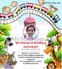 Amusement Park Theme With Train Track, Animals, Hanging Cup Cake And Photo Birthday Invite Card