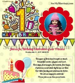 Yellow Theme 1st Birthday Invite Card, With Cake, Stars, Balloons, Photo