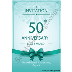 Glossy Shining Blue Theme Floral With Ribbon Decorated Frame Type Diamond Jubilee 50th Wedding Anniversary Invitation E-card