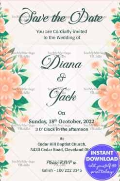 Beautiful Orange Colour Floral Decorated Theme, Cream Background Save The Date Invitation E-card For Whatsapp