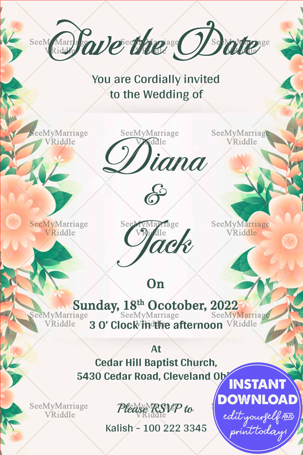Beautiful Orange Colour Floral Decorated Theme, Cream Background Save The Date Invitation E-card For Whatsapp