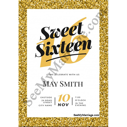 Chocklate Party - Sparkled Gold Theme Border With Number 16 Birthday Invite Card In White Background