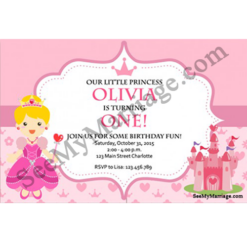Cindrella Party Night - Pink Colored Birthday Invite Card With Colored Fairy Princess And Fort