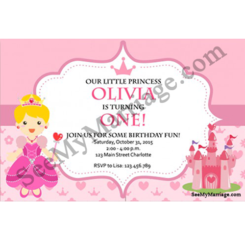 Cindrella Party Night - Pink Colored Birthday Invite Card With Colored Fairy Princess And Fort