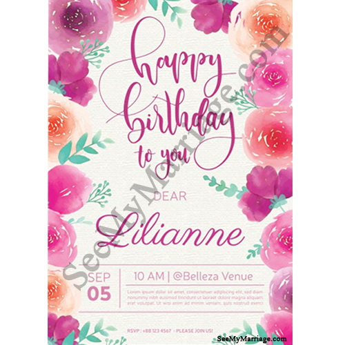 Glow Theme Birthday Wishing Card Decorated With Rose Flower Borders In White Background