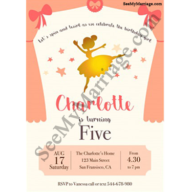 Cinderella theme birthday card for girls, baby girl birthday invitation card