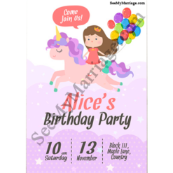 Little Riding Hood - Princess Riding On Unicorn Holding Balloons Theme With Violet Color Birthday Invite Card