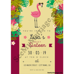 Mardis A Beach Party Theme Birthday Invitation With Garden Background And Cartoon Crane In Pink Back Drop