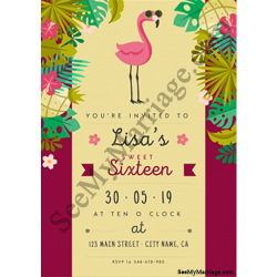 crane them flamingo birthday invitation card, pink floral theme birthday card, beach party theme birthday invite
