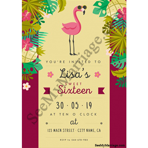 Mardis A Beach Party Theme Birthday Invitation With Garden Background And Cartoon Crane In Pink Back Drop