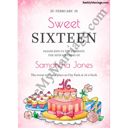 16years birthday invitation card, pink water color theme birthday invitation for elders