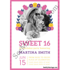 Rockstar - Sixteen Birthday Invite Card With Floral Decorated Picture Frame