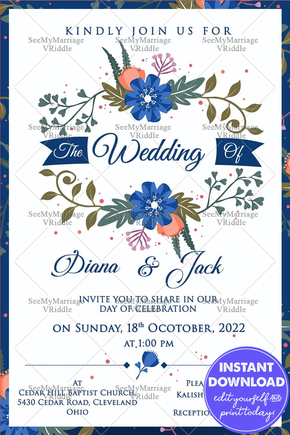 Spring Blue Floral Decorated Theme With Green Leaves Hanging Wedding Save The Date E-card