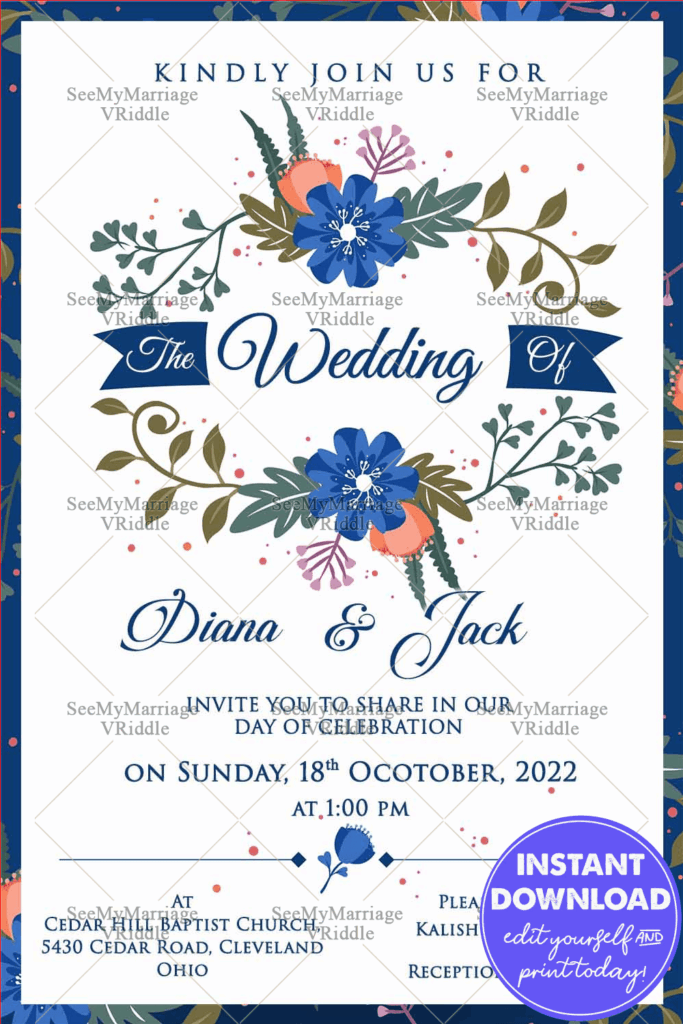 Spring Blue Floral Decorated Theme With Green Leaves Hanging Wedding Save The Date E-card