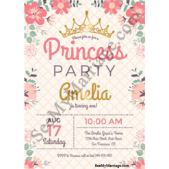 My Baby Princess Birthday Party Invite With Princess Gold Crown In Creamy Grid Background Decorated With Floral Borders
