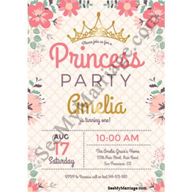 pincess theme birthday card, birthday invitation for girl, 1st birthday invitation, pink theme birthday card for girl