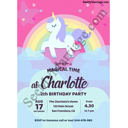 The Night Way Unicorn - Birthday Invite With Clouds Background In Splashing Rainbow Theme E-card