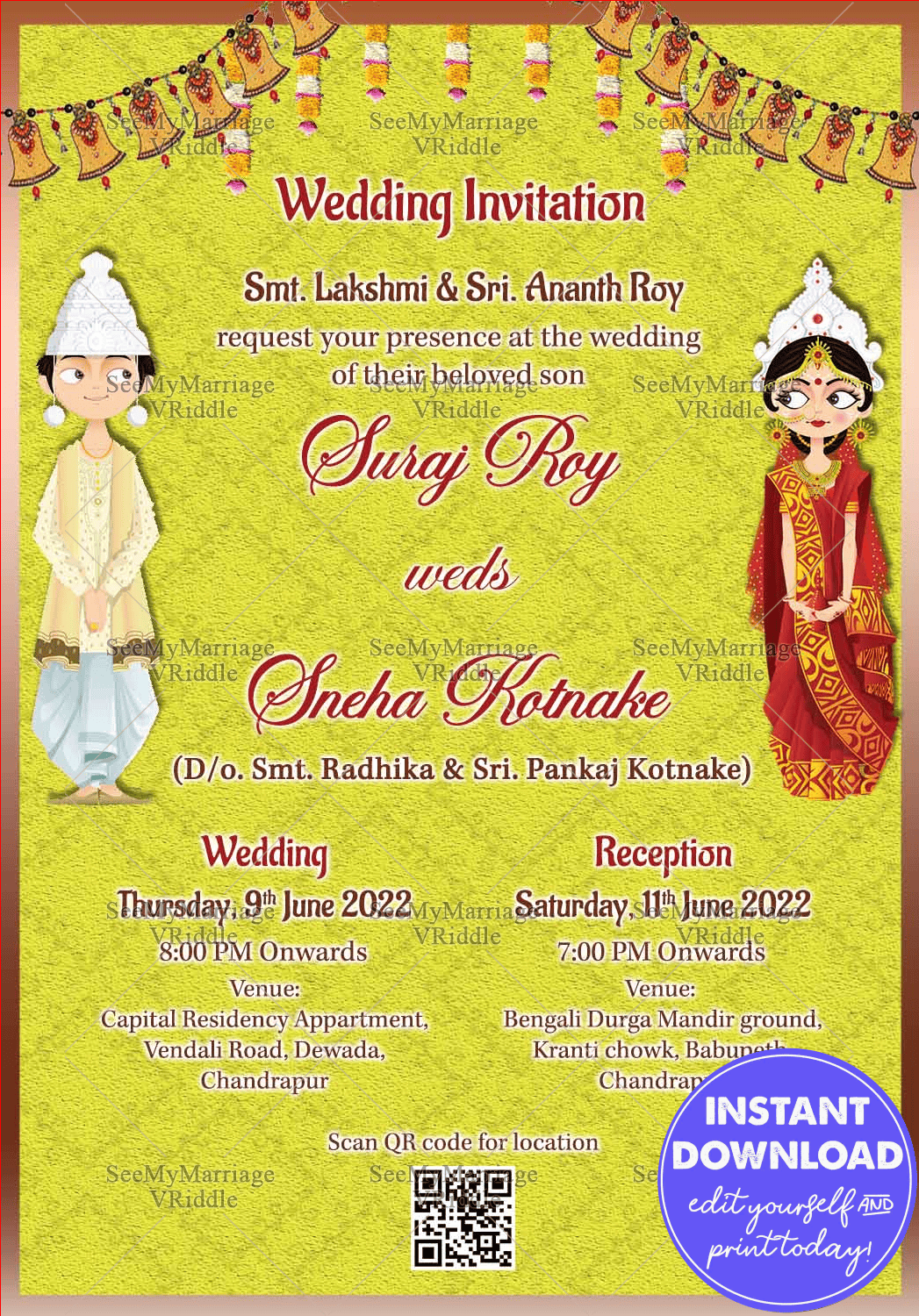 Traditional Bengali Theme Whatsapp Wedding Invitation Card