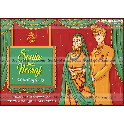 Baar Baar Dekho - Funky Red Color Punjabi Theme Invite Card Decorated With Wedding Stage Background Punjabi Couple And Hanging