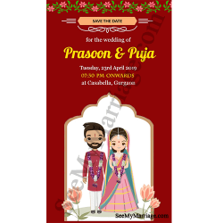 Red theme Hindu wedding invitation cards, Hindu cartoon couple wedding invites, floral wedding cards
