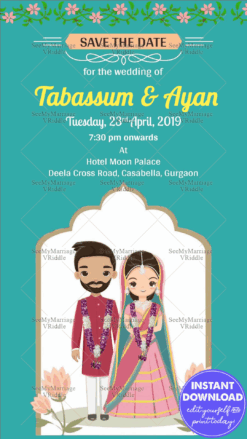 Cute Muslim Couple Green Theme Cartoon Save The Date Nikah Invitation E-card