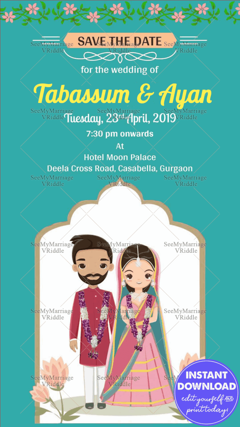 Cute Muslim Couple Green Theme Cartoon Save The Date Nikah Invitation E-card