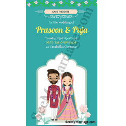 Blue theme Muslim couple wedding save the date, cartoon muslim wedding invite