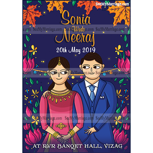 Ladki Beautiful Kargayi Chull - Lavish Blue Theme Stylish Invite Card Traditionally Decorated With Lotus And Autumn Leafs