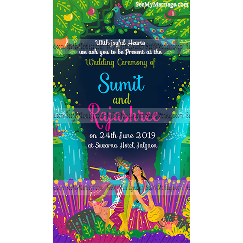 Vrindaavan - Radha Krishna Theme Invite Card Garden Background With Peacocks And Florals