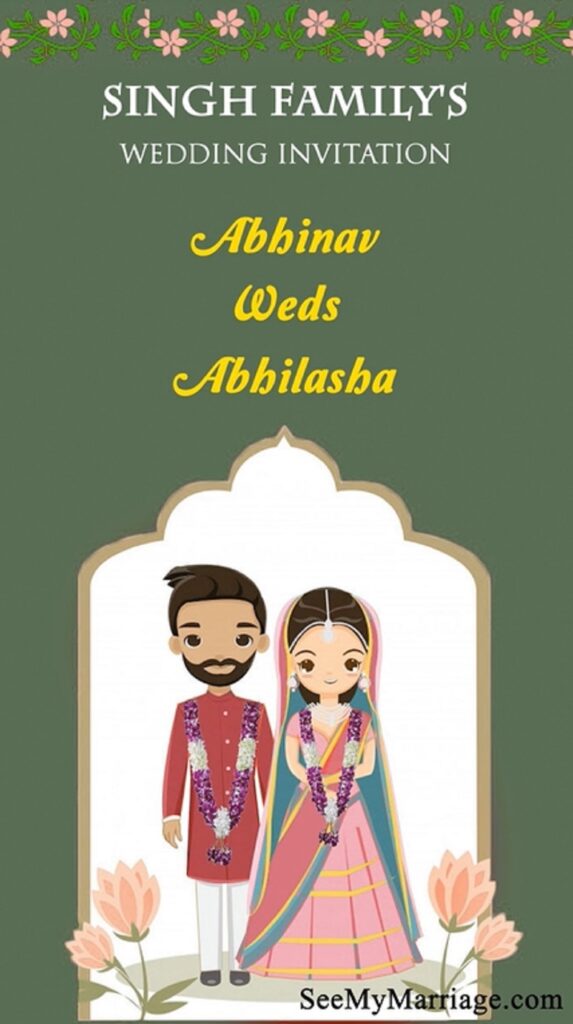 Sehensha & Saiba - Simple North Indian Punjabi Traditional Cartoon Couple In Green Theme Background Animated Wedding Invitation | ID: 11464