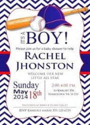 Get Set Go Base Ball Theme Baby Shower Invitation Card With Bat, Hat And Ball In Retro Blue Background