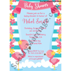 Little Giggles Vintage Flowers Pink Flamingos Theme Baby Shower Invitation Card With Floral Frame