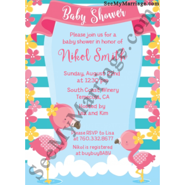 Little Giggles Vintage Flowers Pink Flamingos Theme Baby Shower Invitation Card With Floral Frame