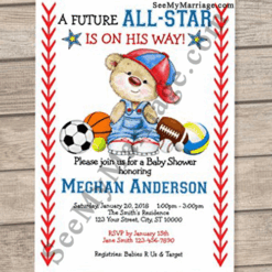 Pounding Feet Football Sports Theme Baby Shower Invitation Card Cute Teddy Sitting With Other Sports Balls