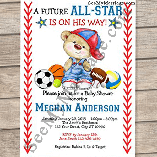 Pounding Feet Football Sports Theme Baby Shower Invitation Card Cute Teddy Sitting With Other Sports Balls