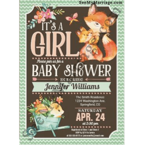 Little Django Cute Fox Baby Girl With Mommy Fox In Brown Board Background Fox Theme Baby Shower Invitation Card