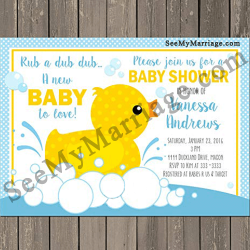 Oh My Little One Blue Theme Baby Shower Invitation Card With Baby Duck
