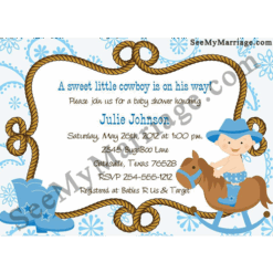 Little Robin Hood Cowboy Theme Baby Shower Invitation Card Baby Cowboy Riding A Horse In Blue Background A With Hunter Rope Bor