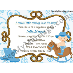 Little Robin Hood Cowboy Theme Baby Shower Invitation Card Baby Cowboy Riding A Horse In Blue Background A With Hunter Rope Bor