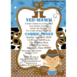 Super Hero Little Boy Sitting With A Cowboy Hat In Blue And Brown Background Baby Shower Invitation E-card