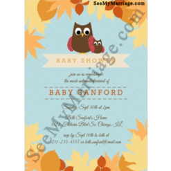 Fall Of Pumpkin Blue Background Autumn Theme With Baby Owl Baby Shower Invitation Card