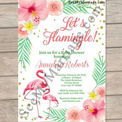 The Tiny Wings Tropical Nature Background Flamingo Theme Baby Shower Invitation Card With Glitters And Flowers