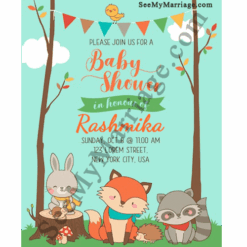 Cute Cartoon Animals Design Woodland Style Fox Theme Baby Shower Invitation Card