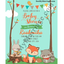 Cute Cartoon Animals Design Woodland Style Fox Theme Baby Shower Invitation Card