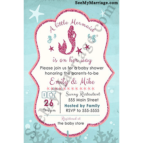 A Sprinkle Of Fairy Dust Mermaid Theme Deep Sea Ocean Background With Seahorses And Star Fish Baby Shower Invitation Card
