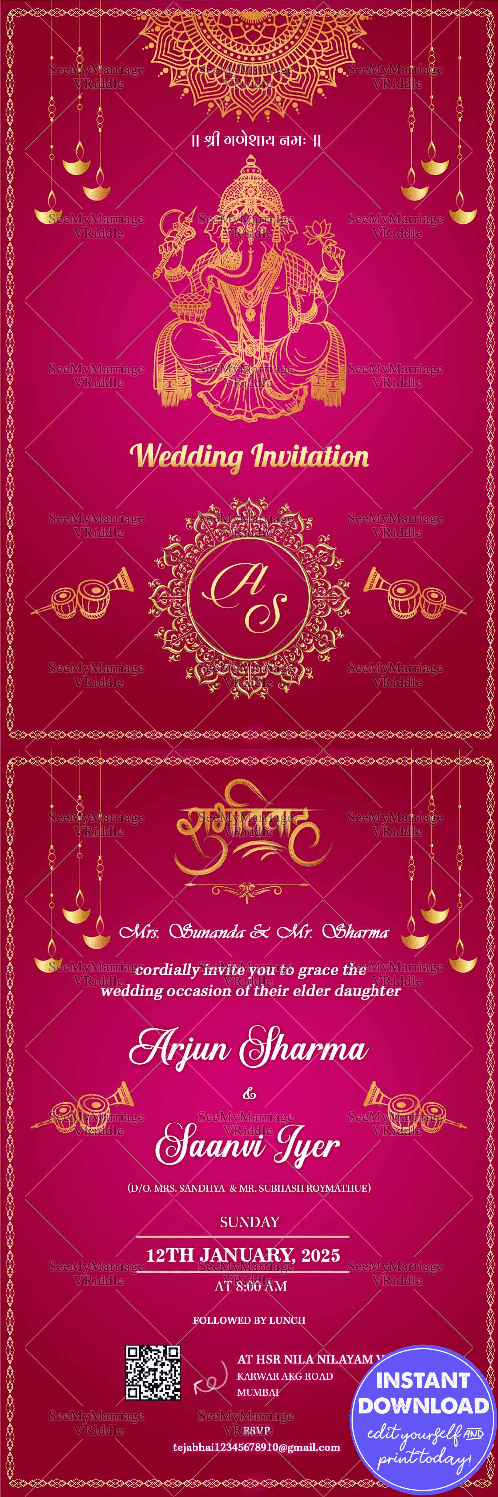 Glossy Pink Theme Gold Bordered Short And Sweet Wedding Pdf With Hanging Diyas