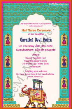 Ambari Theme Saree Function, Half Saree Ceremony Invitation E-card With Quirky Colors Background, Dancing Puppet Dolls