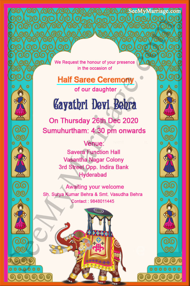 Ambari Theme Saree Function, Half Saree Ceremony Invitation E-card With Quirky Colors Background, Dancing Puppet Dolls
